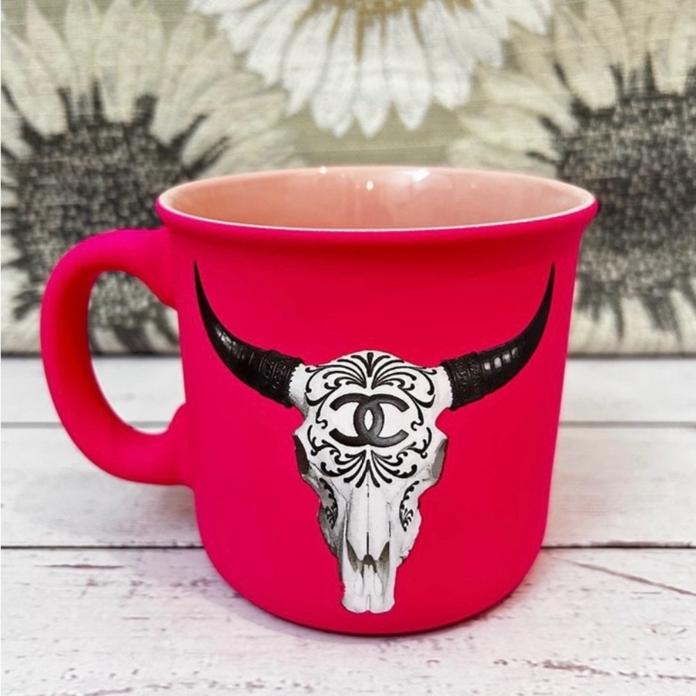 Fashion Hot Pink Decorative Cow Skull Ceramic Western Mug NWT